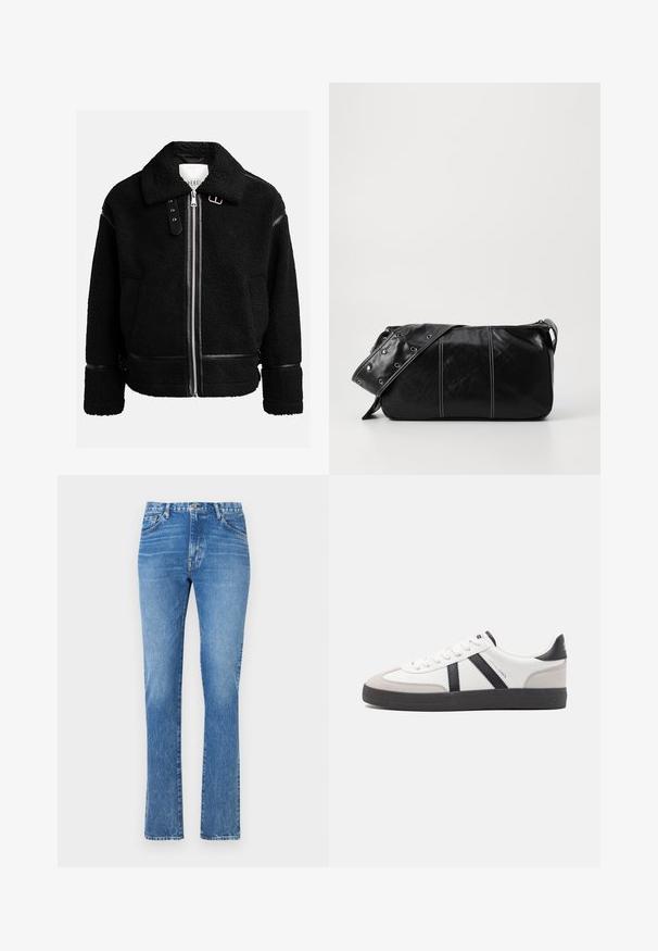 Fekete bolyhos dzseki cipzárral, széles gallérral, és bőr díszítéssel a deréknál és az ujjaknál. Jellemzője a texturált felület.; Világosszürke, hosszú ujjú pólóing, puha anyagból készült, fehér gallérral és négy gombbal ellátott záródással. Simaság, laza stílus.; Világoskék farmernadrág, egyenes szabású, közepes magasságú derékkal és öt zsebes kialakítással. Kiemelt varrásokkal és gombos záródással rendelkezik.; Fehér sneaker fekete és szürke részletekkel, textúrált szürke orr résszel, fekete gumitalppal és lapos fehér fűzőkkel. Tiszta dizájn, minimalista stílus.; Fekete bőr válltáska, cipzárral zárva, texturált felülettel, fehér varrással és ezüst fémgyűrűs pánttal.