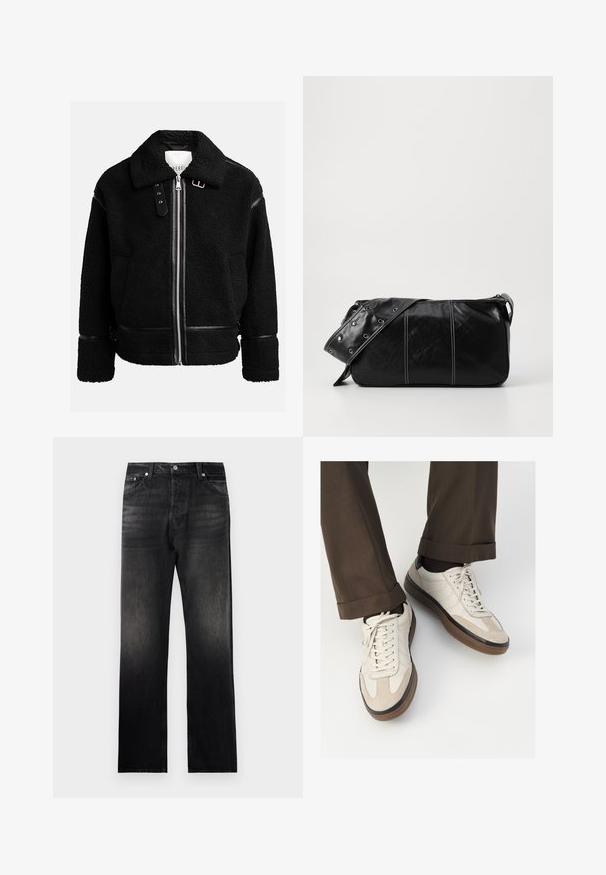 Giacca di pile nera con chiusura a zip, colletto ampio e dettagli in pelle in vita e ai polsi. Presenta una finitura testurizzata.; Polo a maniche lunghe grigio chiaro realizzato in tessuto morbido, con colletto bianco e pattina con quattro bottoni. Texture liscia, design casual.; Jeans in denim nero con un taglio diritto, caratterizzati da un effetto sfumato, design a cinque tasche e dettagli in metallo.; Sneakers beige con una parte anteriore in suede testurizzato, lati in pelle liscia e una suola in gomma marrone. Inclusi lacci e dettagli di cucitura leggera.; Borsa a spalla in pelle nera con chiusura a zip, caratterizzata da un corpo testurizzato, cuciture bianche e una tracolla con occhielli in argento.