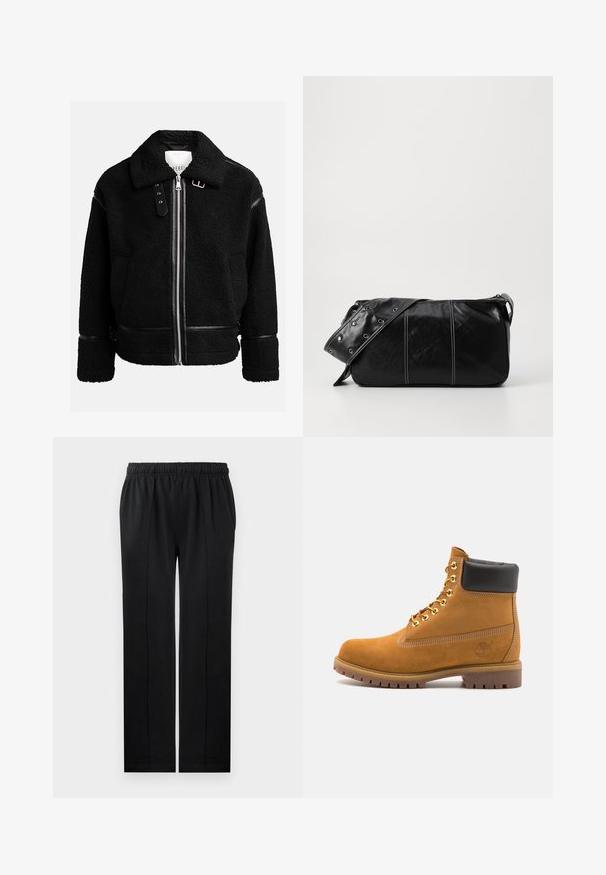 Chaqueta de forro polar negra con cierre de cremallera, amplio cuello y detalles de cuero en la cintura y los puños. Presenta un acabado texturizado.; Polo de manga larga gris claro, hecho de una tela suave, con un cuello blanco y una botonadura de cuatro botones. Textura suave, diseño casual.; Pantalones negros de tela suave con cintura elástica, diseño de pierna recta y dos bolsillos laterales. Presenta detalles de costura oculta.; Botín de ante marrón claro con collar acolchado negro, ojales de metal dorado, detalles de costura blanca y suela de goma resistente con tacos pronunciados.; Bolso de hombro de cuero negro con cierre de cremallera, que presenta un cuerpo texturizado, costuras blancas y una correa con ojales plateados.
