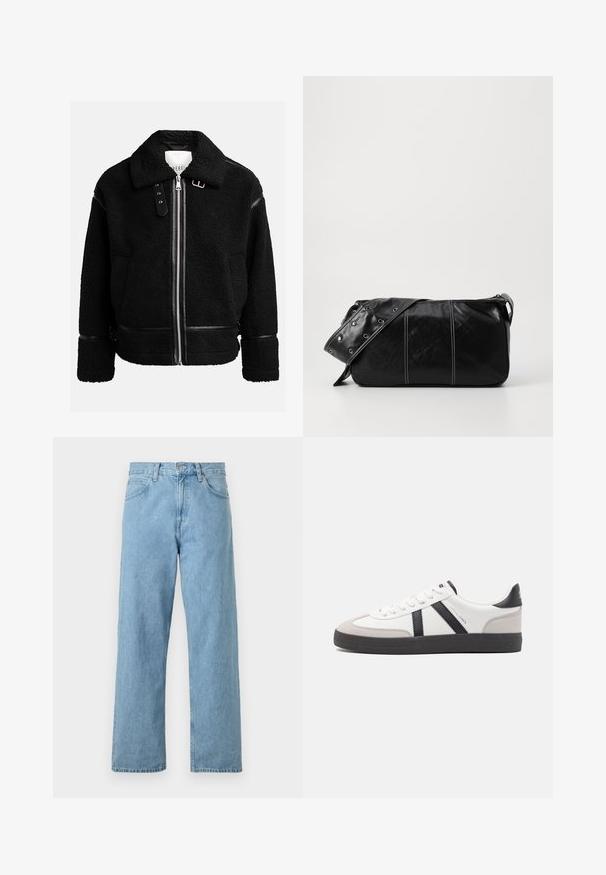 Black fleece jacket with a zip closure, wide collar, and leather accents at the waist and cuffs. Features a textured finish.; Light gray long-sleeve polo shirt made of soft fabric, featuring a white collar and four-button placket. Smooth texture, casual design.; Light blue denim jeans with a straight leg design, five pockets, button and zipper closure, and a slightly faded finish.; White sneaker with black and gray accents, featuring a textured gray toe cap, black rubber sole, and flat white laces. Clean design, minimalist style.; Black leather shoulder bag with a zip closure, featuring a textured body, white stitching, and a strap with silver grommets.