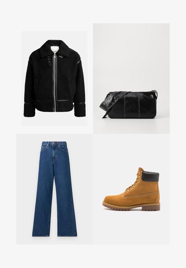 Jachetă din fleece neagră cu închidere prin fermoar, guler lat și accente din piele la talie și la manșete. Are un finisaj texturat.; Tricou polo gri deschis cu mânecă lungă, confecționat dintr-un material moale, având un guler alb și o închidere cu patru nasturi. Textură netedă, design casual.; Jeans din denim albastru cu Croi larg, talie înaltă, dotate cu bucle pentru curea și buzunare frontale. Materialul are o textură netedă și cusături minime.; Cizmă de gleznă din întoarsă de culoare bej, cu guler negru căptușit, ochiuri din metal auriu, detalii de cusătură albă și talpă din cauciuc robustă, cu un model pronunțat.; Geantă de umăr din piele neagră cu închidere cu fermoar, având un corp texturat, cusături albe și o curea cu ochiuri argintii.
