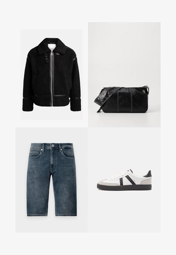 Melna vilnas jaka ar rāvējslēdzi, plata apkakle un ādas akcenti jostas vietā un piedurknēs. Iespējama teksturēta apdare.; Gaiši pelēks garo piedurkņu polo krekls, kas izgatavots no mīksta auduma, ar baltu apkakli un četru pogu aizdari. Gluda tekstūra, ikdienišķs dizains.; Tumši zili džinsu šorti, līdz ceļiem, ar gludu tekstūru, piecām kabatām un metāla pogas aizdari. Nedaudz izbalējusi apdare, lai radītu ikdienišķu izskatu.; Baltas sneakeris ar melniem un pelēkiem akcentiem, kuram ir teksturēts pelēks purngals, melna gumijas zole un plakanas baltas šņores. Tīrs dizains, minimālisma stils.; Melnas ādas plecu soma ar rāvējslēdzēja aizdari, ar teksturētu virsmu, baltu dūrienu un siksnu ar sudraba iekavām.