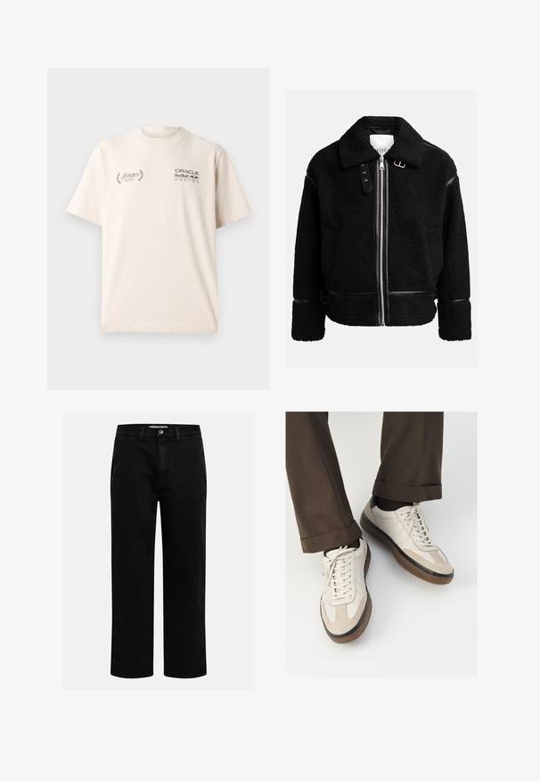 Black fleece jacket with a zip closure, wide collar, and leather accents at the waist and cuffs. Features a textured finish.; Beige cotton t-shirt with a crew neck, featuring "Monaco 2024" in script and "Oracle Red Bull Racing" in bold black print on the front.; Black denim pants with a straight-leg cut, classic five-pocket design, and a button closure at the waist. Smooth texture and durable fabric.; Beige sneakers with a textured suede front, smooth leather sides, and a brown rubber sole. Laces and light stitching detail included.