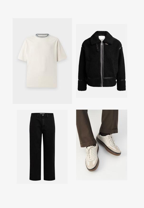 Černá fleecová bunda se zipovým uzávěrem, širokým límcem a koženými detaily na pase a manžetách. Obsahuje texturovaný povrch.; Krémové bavlněné tričko s krátkými rukávy, s kulatým výstřihem zvýrazněným námořnickými a bílými pruhy. Hladká textilní struktura, volný střih.; Černé džíny s rovnými nohavicemi, klasickým pětipocketovým designem a knoflíkovým zapínáním v pase. Hladká textura a odolná látka.; Béžové tenisky s texturovanou semišovou špičkou, hladkými koženými boky a hnědou gumovou podrážkou. Na šněrování a lehkém prošití je detail.