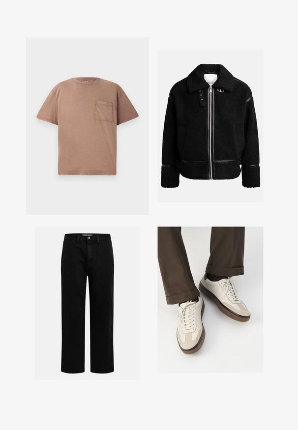 Zwarte fleecejack met een ritsluiting, brede kraag en leren accenten bij de taille en mouwen. Heeft een gestructureerde afwerking.; Korte mouwen, ronde hals t-shirt in lichtbruin katoen met een enkele borstzak en subtiele textuur. Rechtopvallende pasvorm met schone randen.; Zwarte denim broeken met een rechte pijp, klassieke vijf-pocket structuur en een knoopsluiting in de taille. Glad materiaal en duurzame stof.; Beige sneakers met een leren voorkant van textuur-suède, gladde leren zijkanten en een bruine rubberen zool. Veters en lichte stikseldetails inbegrepen.