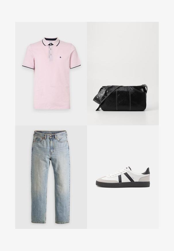Fekete bolyhos dzseki cipzárral, széles gallérral, és bőr díszítéssel a deréknál és az ujjaknál. Jellemzője a texturált felület.; Világos rózsaszín pólóing pamutból, három gombos gombolással, tengerészkék szegélyezésű gallérral és ujjakra, valamint egy kis hímzett logóval.; Világoskék farmernadrág magas derékkal, elülső gombbal, cipzárral és öt zsebbel, sima háttérre fektetve.; Fehér sneaker fekete és szürke részletekkel, textúrált szürke orr résszel, fekete gumitalppal és lapos fehér fűzőkkel. Tiszta dizájn, minimalista stílus.; Fekete bőr válltáska, cipzárral zárva, texturált felülettel, fehér varrással és ezüst fémgyűrűs pánttal.