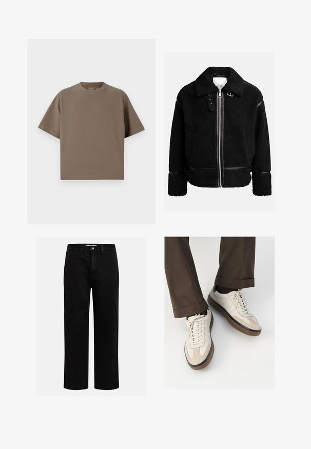 Black fleece jacket with a zip closure, wide collar, and leather accents at the waist and cuffs. Features a textured finish.; Brown, short-sleeve t-shirt made of soft fabric with a round neckline. Features a relaxed fit and simple hem detailing.; Black denim pants with a straight-leg cut, classic five-pocket design, and a button closure at the waist. Smooth texture and durable fabric.; Beige sneakers with a textured suede front, smooth leather sides, and a brown rubber sole. Laces and light stitching detail included.