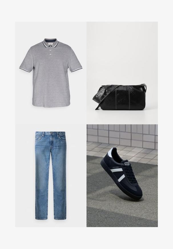 Juodas vilnos džemperis su užtrauktuku, plačiu apykakle ir odiniais akcentais juosmens ir rankogalių srityse. Pasižymi tekstūruota apdaila.; Jack & Jones JJEPAULOS SS NOOS PLS - Polo marškinėliai - blue depths; Šviesiai mėlynos džinsinės kelnes, tiesaus kirpimo dizainas, penki kišenės, metalinis mygtukas, išblukusi tekstūra su nedideliu nusidėvėjimo raštu priekyje.; Juodas odinis sportinis batelis su baltais dryžiais, tekstūruota gumine padais ir raišteliais priekyje. Yra prekės ženklą žymintis etiketė ant liežuvio.; Juodas odinis pečių krepšys su užtrauktuku, turintis tekstūruotą paviršių, baltą siuvinėjimą ir dirželį su sidabinėmis metalinėmis detalėmis.