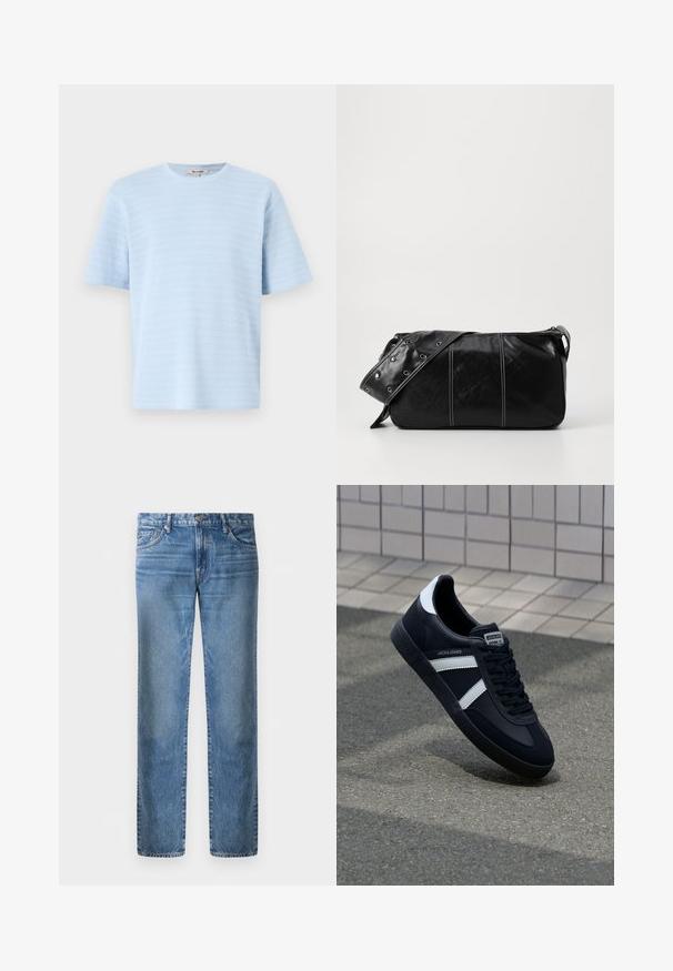 Crna flis jakna sa zatvaračem, širokim ovratnikom i kožnim detaljima na struku i manžetama. Ima teksturiranu površinu.; Svijetloplava kratkolisna majica od teksturirane pletene tkanine s horizontalnim prugama. Okrugli izrez i opušteni kroj.; Svijetloplave traperice, ravno krojenje, pet džepova, metalno dugme za zatvaranje, izbblijedjeli izgled s blagim znakom trošenja sprijeda.; Crne kožne tenisice s bijelim prugama, strukturirana gumena potplate i vezanjem sprijeda. Ima oznaku brenda na jeziku.; Crna kožna torba preko ramena s zatvaranjem na patentni zatvarač, s teksturiranim tijelom, bijelim šavovima i remenom sa srebrnim okovima.