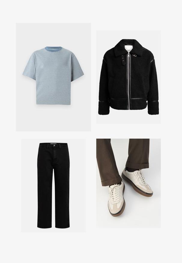 Czarna polarowa kurtka z zapięciem na zamek, szerokim kołnierzem i skórzanymi akcentami w talii i przy mankietach. Posiada teksturowane wykończenie.; Pasiasta koszulka w jasnoniebieskim i białym kolorze, z krótkim rękawem, okrągłym dekoltem, wykonana z miękkiego materiału bawełnianego, o luźnym kroju.; Czarne dżinsy o prostym kroju nogawki, klasyczny pięć kieszeniowy design oraz zapięcie na guzik w talii. Gładka tekstura i trwały materiał.; Beżowe sneakersy z teksturowanym zamszowym przodem, gładkimi skórzanymi bokami i brązową gumową podeszwą. Zawierają sznurówki oraz subtelne detale w dwóch kolorach.