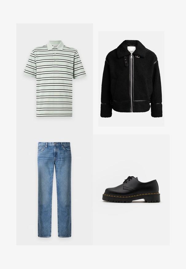 Svart fleecejakke med glidelås, bred krage og skinndetaljer ved livet og mansjettene. Har en teksturert overflate.; Stripet polo-skjorte i lys grønn, med svarte og hvite horisontale striper. Tre-knapp splitt og korte ermer. Bomullstekstur.; Lyseblå denimjeans, rett ben design, fem lommer, metallknapp lukking, falmet tekstur med lett slitasjemønster foran.; Svart lær snøresko med rund tå, teksturert gummisåle og gul søm rundt bunnen. Flat design og glatt overflate.
