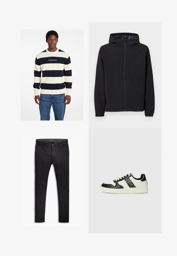 Must mustaga jacket kapuutsiga, millel on esine tõmblukk, elastsed varrukaotsad ja logodetail. Valmistatud kergest ja siledast kangast.; Tumesinine ja kreemjad triibulised kampsunid, mis on valmistatud kudumiskangast, on varustatud soonikkoes mansettide ja hemiga, ees on "GUESS JEANS" logo. Juhuslik istuvus.; Mustad puuvillased chinos, mis on kitseneva lõikega, viie taskuga, vöökohaga ja siledast tekstuurist. Zipperiga lukk ja nupuga kinnitamine.; Nahatud nahkkingad musta ja kreemi värviskeemiga, millel on perforeeritud aktsendid, pehme krae ja tekstureeritud tallad.