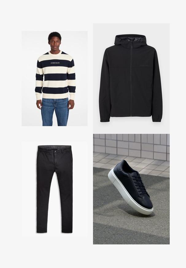 Mustat tuulenpitävä takki hupulla, jossa on edessä vetoketju, joustavat hihansuut ja logopainatus. Valmistettu kevyestä ja sileästä kankaasta.; Meriharmaa ja kerma-valkea raidallinen neulepaita, jossa on ribbireunat hihansuissa ja helmassa. Edessä on "GUESS JEANS" -logo. Rentouttava malli.; Musta puuvillainen chinos-housut tapered-fit -mallilla, viidellä taskulla, vyölenkeillä ja sileällä pinnalla. Vetoketjukiinnitys nappisuljennalla.; Mustat nahkakengät, joissa on pyöristetty kärki ja valkoinen kumipohja. Varusteena litteät nauhat ja minimaalinen ommel ylhäällä. Teksturoitu pohja pitävyyden lisäämiseksi.