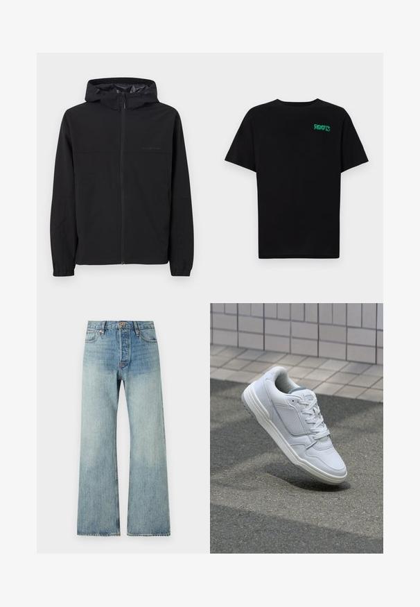 Crni windbreaker jakna s kapuljačom, s prednjim zatvaračem, elastičnim manžetama i detaljem s logotipom. Izrađena je od lagane, glatke tkanine.; Crna majica kratkih rukava od pamuka. Na prednjem dijelu se nalazi zeleni "ROOTS" logo, okrugli izrez i standardni kroj.; Svijetloplave traperice s izrezom, visokog struka, bakrenim detaljima, pet džepova i suptilnim izbleđenjem za izgled istrošenosti.; Bijele kožne tenisice s perforiranim bočnim dijelovima, teksturiranim akcentima, ravnim vezicama i kontrastnim sivim petom. Imaju blago povišenu potplat.