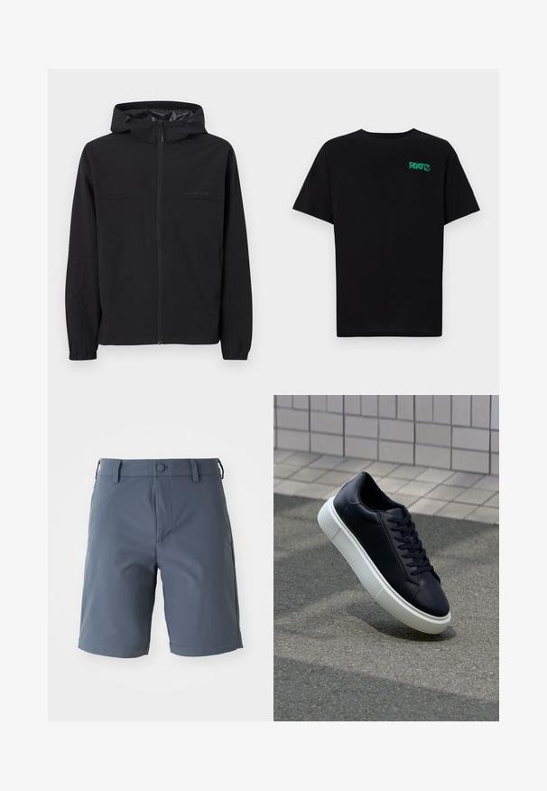 Mustat tuulenpitävä takki hupulla, jossa on edessä vetoketju, joustavat hihansuut ja logopainatus. Valmistettu kevyestä ja sileästä kankaasta.; Mustat t-paidat, jotka on valmistettu puuvillasta ja joissa on lyhyet hihat. Edessä vihreä "ROOTS"-logo, pyöreä kaula-aukko ja normaali istuvuus.; Harmaat, polvenmittaiset shortsit, jotka on valmistettu kevyestä kankaasta; sisältää napin kiinnityksen, vyölenkit ja sivutaskut, joissa on sileä pinta.; Mustat nahkakengät, joissa on pyöristetty kärki ja valkoinen kumipohja. Varusteena litteät nauhat ja minimaalinen ommel ylhäällä. Teksturoitu pohja pitävyyden lisäämiseksi.