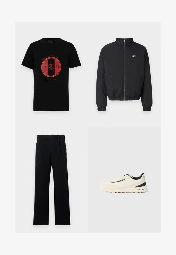 Μαύρο μπουφάν bomber με ψηλό γιακά, μπροστινό φερμουάρ, ελαστικές μανσέτες και στρίφωμα. Έχει ένα μικρό λογότυπο σε κόκκινες, λευκές και μπλε αποχρώσεις.; Μαύρο βαμβακερό t-shirt με κυκλική κόκκινη γραφιστική σχεδίαση που περιλαμβάνει το "LYLE AND SCOTT," το έτος "1874," και το κείμενο "THE WILD THISTLE." Κοντό μανίκι.; Μαύρο κομμένο παντελόνι από βαμβάκι με επίπεδο μπροστινό μέρος, ορατές ραφές και ευθεία γραμμή. Κουμπί κλεισίματος στη μέση.; Κρεμ sneakers με υφή από σουέτ, μαύρες λεπτομέρειες και χοντρή ελαστική σόλα με κόκκινη, λευκή και μπλε ρίγα.