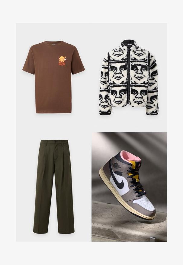 Mekani crno-bijeli dukserica na zatvarač s ponavljajućim grafičkim uzorkom lica. Napravljen od mekog, strukturiranog flisa.; Smeđi majica kratkih rukava s malim narančastim grafičkim prikazom hamburgara koji drži surf dasku i natpisom "SUNCE VAN, HAMBURGERI VAN" na lijevoj strani prsnog dijela.; Maslinaste široke hlače od pamuka s glatkom teksturom, s prednjim džepom, petljama za remen i jednim dugmetom za zatvaranje.; Visoke Nike Air Jordan tenisice u bijeloj, sivoj i crnoj boji s ružičastim unutrašnjim dijelom i žutim jezikom, postavljene na betonskoj površini.