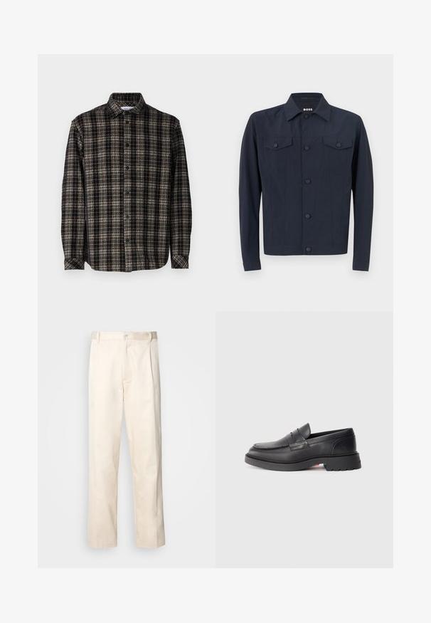 Jūras spēku jaka, kas izgatavota no viegla auduma, ar klasisku apkakli, pogām aizdarāmu priekšu, divām krūšu kabatām un garām piedurknēm.; Melns un bežs raibu audumu krekls, garām piedurknēm, ar pogām priekšā, klasiskā apkakle un mīksta tekstūra ar strukturētu piegriezumu.; Bežā krāsā auduma bikses ar taisnu kāju griezumu, pievienotām pogu aizdares un priekšējiem krokām papildu detaļām.; Melni ādas loaferi ar noapaļotu purngalu, paceltu šuvi un biezu gumijas zoli. Vienkāršs dizains ar minimālu zīmolu uz sāniem.