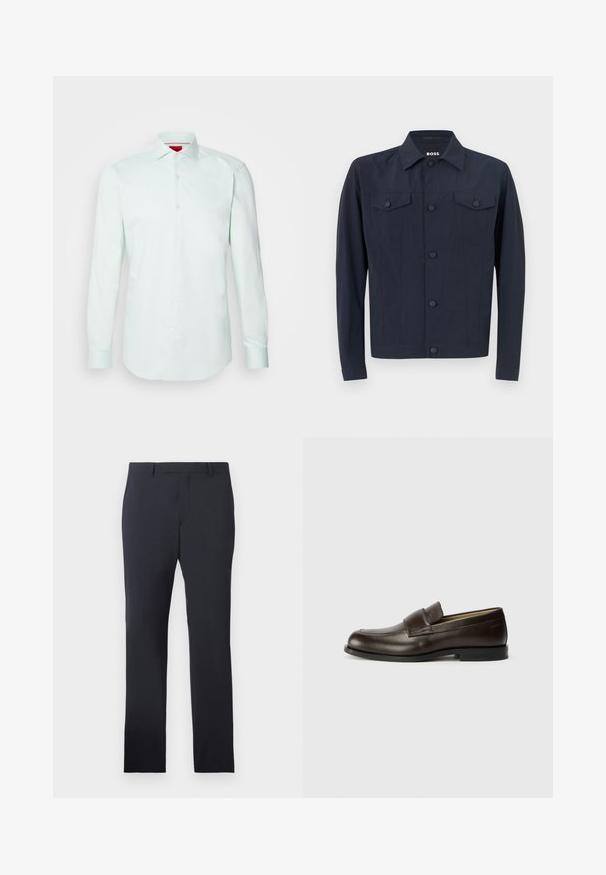 Jūras spēku jaka, kas izgatavota no viegla auduma, ar klasisku apkakli, pogām aizdarāmu priekšu, divām krūšu kabatām un garām piedurknēm.; HUGO KASON - Krekls - light/pastel green; Jūrnieku formālie bikses izgatavotas no gludas auduma. Iezīmē plakanas priekšpuses, jostas cilpas un sānu kabatas, ar šūtu taisnu kāju piegriezumu.; Calvin Klein Mokasīni - cocoa brown