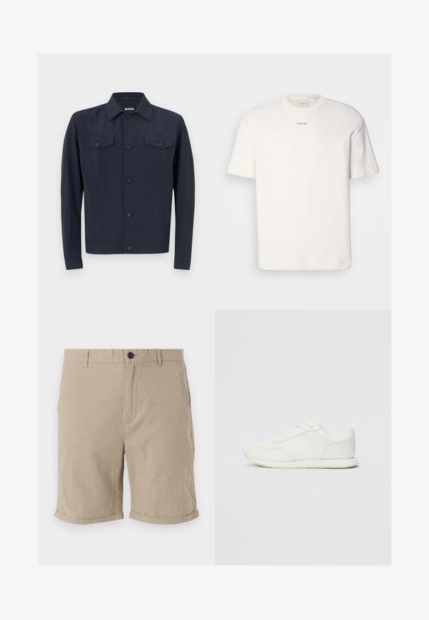 Tengerészkabát könnyű anyagból, klasszikus gallérral, gombos elülső résszel, két mellzsebbe és hosszú ujjal.; Fehér pamut póló, kerek nyakkal, rövid ujjakkal és hímezett "Calvin Klein" logóval a mellkas közepén. Egyszerű design.; Beige vászon sort, gombos záródással, lapos elejével, oldalsó zsebeivel és felhajtott szegéllyel, légáteresztő, texturált anyagból készült.; Fehér sneaker hálós és szintetikus felsőrésszel, kerek orral, lapos fűzőkkel és textúrázott oldalsávval. Gumi talp hátul húzófüllel.