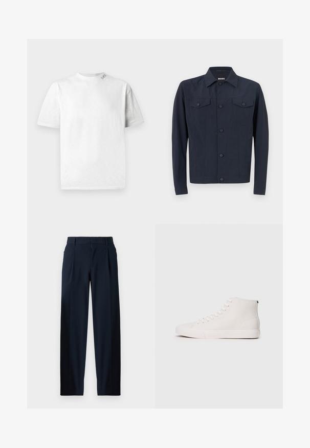 Kerge kangast mereväe jope, millel on klassikaline krae, nööbiga eesmine osa, kaks rinna taskut ja pikad varrukad.; Valge lühikeste varrukatega T-särk ümmarguse kaeluse ja peene tekstuuriga, millel on vasakul õlal väike logo detail.; Tumed sinised püksid, millel on sile tekstuur, laiad sääred, ees olevad voldid, vöölukud ja tõmblukk. Sobivad nii ametlikeks kui ka igapäevasteks riietusteks.; Valged kanga materjalist kõrge profiiliga spordijalatsid, millel on tekstuuriga pind, valged augud ja kummist tald. Lihtne disain kontrastsete õmblustega.
