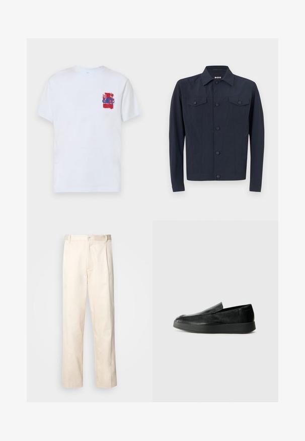 Jūras spēku jaka, kas izgatavota no viegla auduma, ar klasisku apkakli, pogām aizdarāmu priekšu, divām krūšu kabatām un garām piedurknēm.; Balts īsām piedurkņu T-krekls ar krāsainu grafisko dizainu sarkanā un zilā krāsā kreisajā krūtī, kas ietver abstraktas formas un rakstus.; Bežā krāsā auduma bikses ar taisnu kāju griezumu, pievienotām pogu aizdares un priekšējiem krokām papildu detaļām.; Calvin Klein HYBRID CUP - Mokasīni - triple black