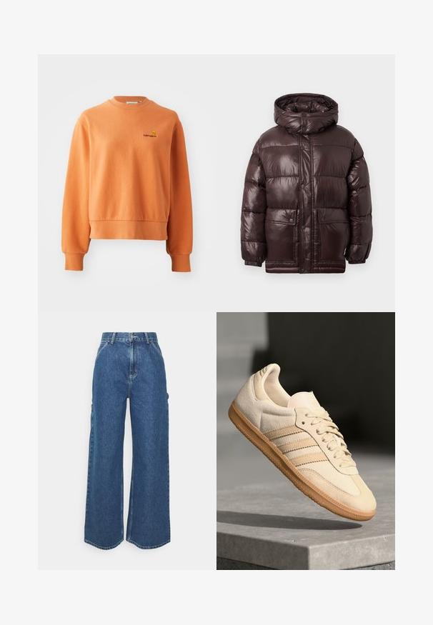 Rudas pūkuotas švarkas su blizgiu paviršiumi, aukštu apykakle, spaudėmis ir dviem priekinėmis kišenėmis. Turi gobtuvą ir elastines rankoves.; Oranžinis megztinis, pagamintas iš minkštos medvilnės, turintis raštuotą apykaklę, ilgomis rankovėmis ir mažą siuvinėtą logotipą ant krūtinės.; Plačios mėlynos džinsinės kelnes su aukštu juosmeniu, kontrastingais siūlais ir šoninėmis kišenėmis, turinčios klasikinį penkių kišenių dizainą ir brutalius kraštus.; Šviesiai ruda veliūrinė sportinė avalynė su guminiais padais, trimis įstrižomis juostelėmis ir tekstūruotu pirštų apsauginiu. Ant liežuvio ir šono yra logotipas.