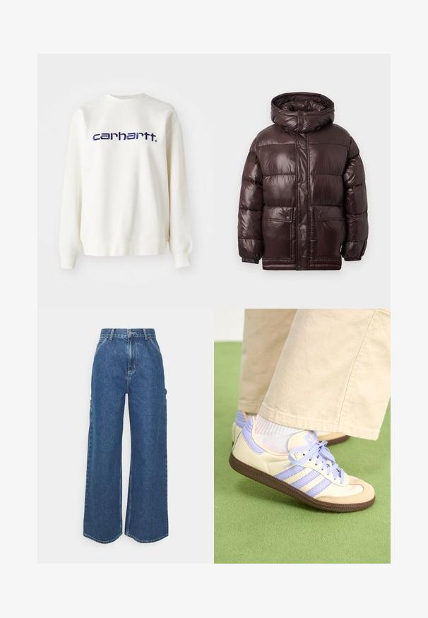 Chaqueta acolchada marrón con un acabado brillante, cuello alto, botones a presión y dos bolsillos frontales. Cuenta con capucha y puños elásticos.; Sudadera blanca de algodón con mangas largas y puños acanalados, que presenta el logo "carhartt" en azul marino en el pecho.; Pantalones vaqueros de pierna ancha en azul con cintura alta, costuras en contraste y bolsillos laterales, que cuentan con un diseño clásico de cinco bolsillos y dobladillos sin rematar.; Zapatillas de crema y lavanda con tres rayas y una suela marrón texturizada, que cuentan con cordones y un talón acolchado. Parte superior de tela suave.