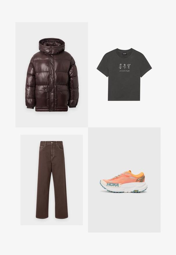 Doudoune marron avec une finition brillante, un col haut, des boutons-pression et deux poches avant. Dispose d'une capuche et de poignets élastiques.; T-shirt gris charbon en coton doux, avec des fleurs brodées blanches et le texte "cultivez des pensées positives" en dessous du motif.; Pantalons en denim marron à jambes larges avec des coutures contrastées, cinq poches et un bouton métallique. Texture lisse, coupe droite.; Baskets de course orange et rose avec tige en maille, semelle intermédiaire blanche, semelle extérieure Vibram et accents bleu clair. Présente le logo HOKA sur le côté.