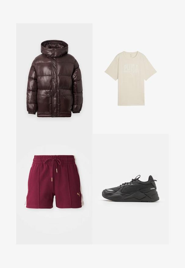 Doudoune marron avec une finition brillante, un col haut, des boutons-pression et deux poches avant. Dispose d'une capuche et de poignets élastiques.; T-shirt en coton beige avec une coupe décontractée, arborant un design graphique blanc avec l'inscription "PUMA sports club" et un petit logo au-dessus.; Shorts de sport bordeaux en tissu texturé, avec une taille élastique, un cordon de serrage et des panneaux latéraux crèmes comportant un détail de logo doré.; Baskets noires avec une tige texturée, comprenant des matériaux en maille et synthétiques, une semelle épaisse et des accents réfléchissants pour la visibilité.