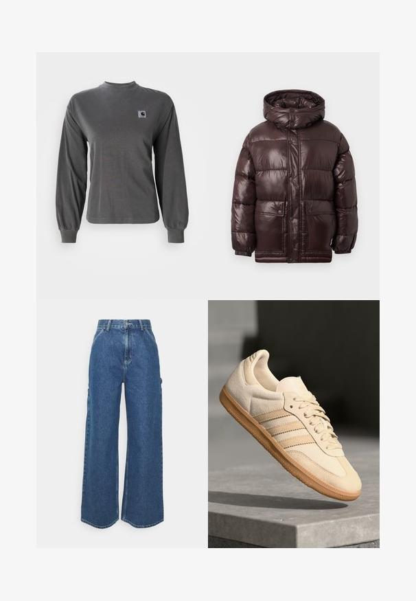 Hnědá péřová bunda s lesklým povrchem, vysokým límcem, patentkami a dvěma předními kapsami. Obsahuje kapuci a elastické manžety.; Šedé tričko s dlouhým rukávem vyrobené z bavlny, s kulatým výstřihem a elastickými manžetami, s malým čtvercovým logem na hrudi.; Široké modré džíny s vysokým pasem, kontrastním šitím a postranními kapsami, které mají klasický design s pěti kapsami a rozstřižené lemy.; Světlé béžové semišové tenisky s gumovou podrážkou, třemi diagonálními pruhy a texturovanou špičkou. Na jazyku a boku se nachází logo.