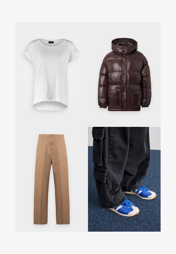 Brown puffer jacket with a shiny finish, a high collar, snap buttons, and two front pockets. Features a hood and elastic cuffs.; White short-sleeve T-shirt with a rounded neckline, slightly longer back hem, soft cotton fabric, and rolled sleeves. No visible prints.; Brown cotton trousers with a straight leg design, featuring a button closure, belt loops, and minimal seams for a clean look.; Person wearing loose black cargo pants and blue and white sneakers standing on dark blue carpet.