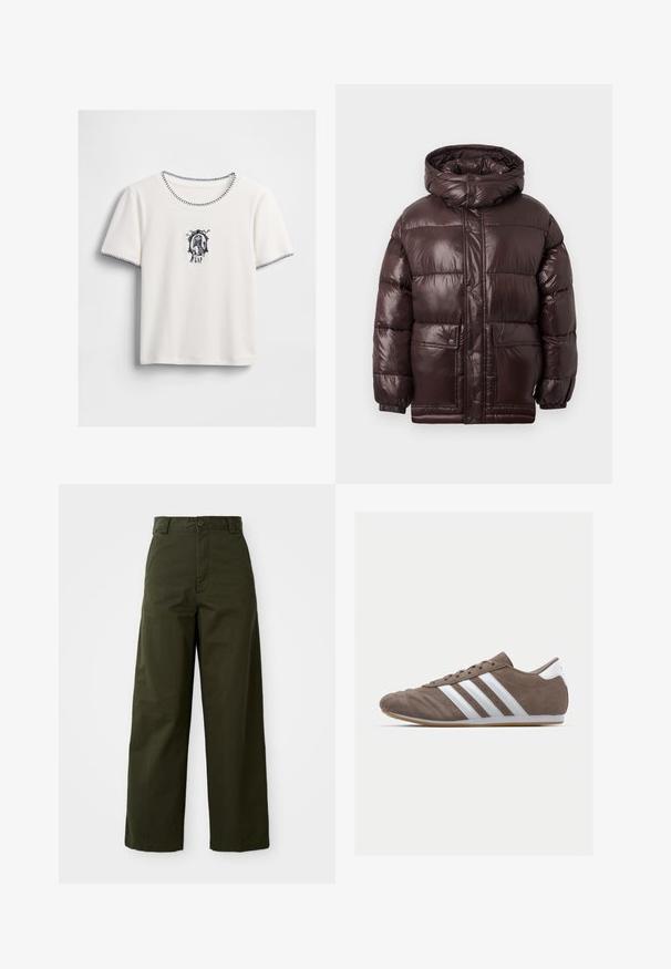 Rudas pūkuotas švarkas su blizgiu paviršiumi, aukštu apykakle, spaudėmis ir dviem priekinėmis kišenėmis. Turi gobtuvą ir elastines rankoves.; Balta trumpa rankovėmis marškinėliai su juodais siuvinėjimo kraštais ant apykaklės ir rankovių, viduryje krūtinės su juodai siuvinėtu personažu ir užrašu "GAP".; Tamsiai alyvuogių žalios spalvos plačių kojų kelnės, pagamintos iš tvirto medvilnės audinio. Sukurtos su sagčių uždarymu, diržo laikikliu ir tiesia forma, be jokių matomų raštų.; Rudos zomšo sportiniai batai su baltais dryžiais, apvaliu nosiu, raištelių dizainu ir guminėmis padangomis. Tekstūruotas viršus su siuvinėjimo detalėmis.