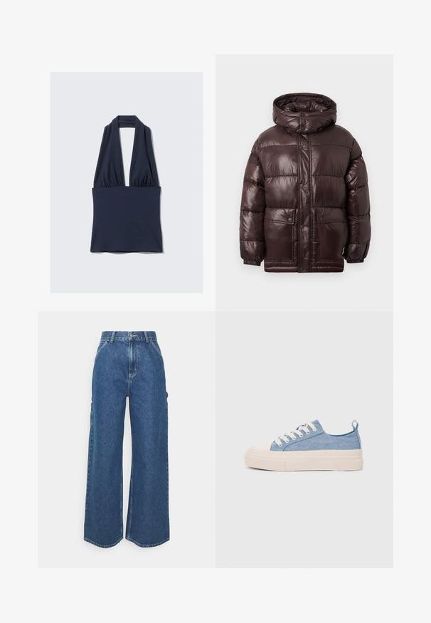 Pruun puffer-jakk särava viimistlusega, kõrge krae, nupud ja kaks eesmist taskut. Omab kapuutsi ja elastseid mansette.; Tumesinine kude pehme materjalist, millel on sügav V-kaelus ja voltimisega detail taljes. Sile tekstuur, minimaalsed õmblused.; Laiene jalad sinised denim püksid kõrge vöökohaga, kontrastsete õmblustega ja küljetaskutega, klassikalise viie taskuga disainiga ja toore servaga.; Heledad sinised kangast tennisekingad koorevärvi kummist varbakatte ja taldaga, millel on valged paelad ja tõmblukk kandadel.