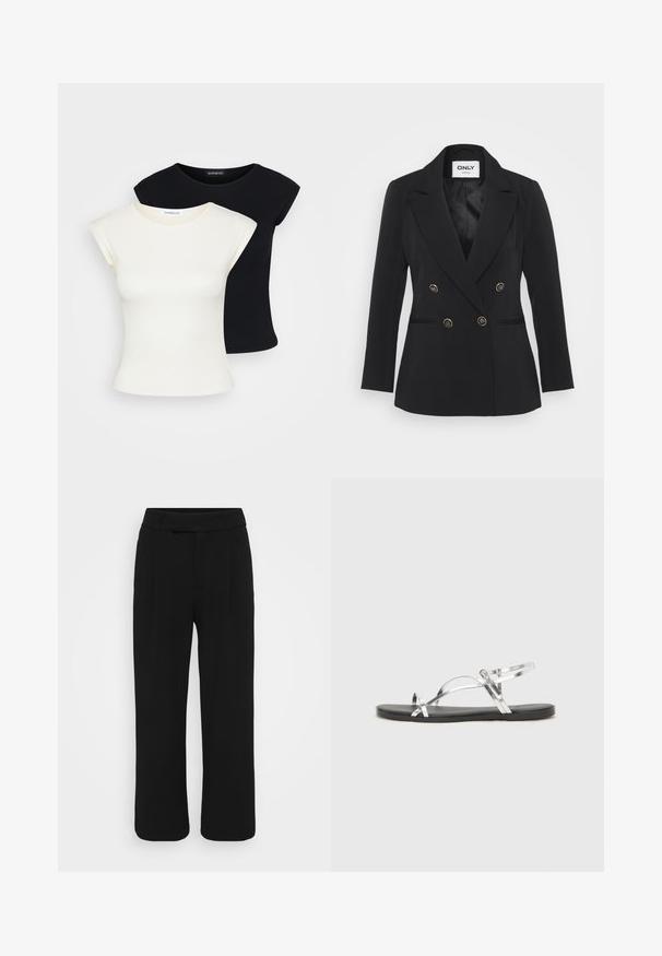 Blazer negru cu două rânduri de nasturi, guler ascuțit, buzunare laterale și căptușeală interioară netedă.; Două tricouri ajustate: unul crem și unul negru. Confecționate din bumbac moale, texturat, cu mâneci scurte și decolteu rotund.; Pantaloni negri cu picioare largi, confectionati dintr-un material neted, avand un front plat, bucle pentru centura si fara buzunare vizibile. Design curat si bine croit.; Sandale metalice argintii cu un design minimal, având curele subțiri și o talpă plată neagră. Printre elementele de atracție se numără accentele cu curele încrucișate.