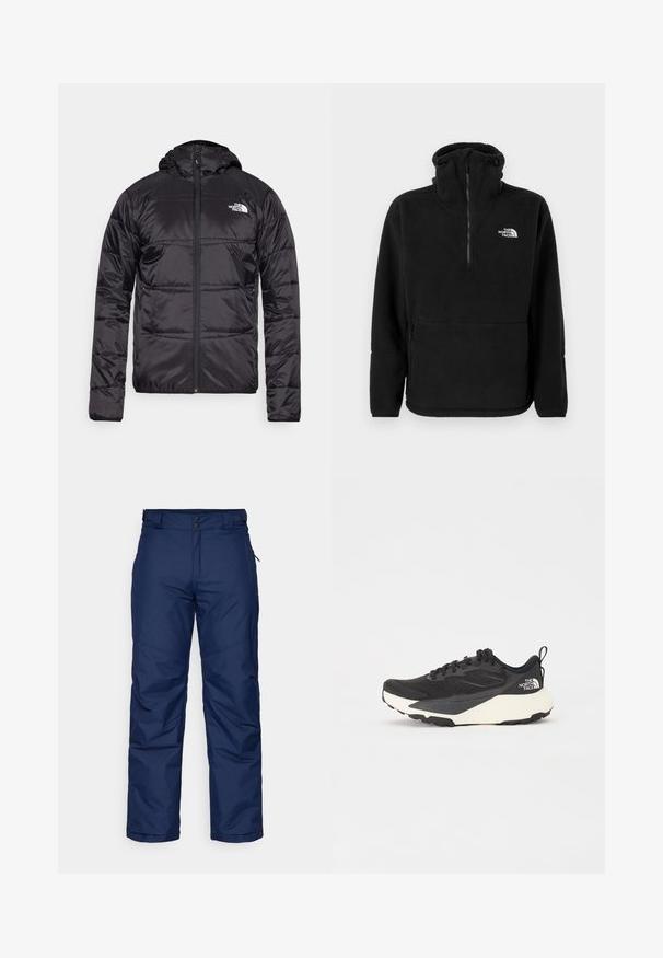 Črna puff jakna s kapuco, prešita zasnova, zadrga in logotip The North Face na levem prsnem delu. Narejena iz lahkega, sijočega materiala.; Črn flis pulover z visokim ovratnikom, polno zadrgo spredaj, stranskimi žepi in belim logotipom "The North Face" na levem prsnem delu.; Mornarsko modre izolirane snežne hlače s pravo obliko noge, ki vsebujejo dva sprednja gumba, stranske žepke in gladko, teksturirano tkanino.; Črne atletske čevlje z mrežastim zgornjim delom z teksturo, trdnimi črnimi detajli in lahkim belim podplatom. Imajo vezalni sistem in zanko za pomoč pri obuvanju.