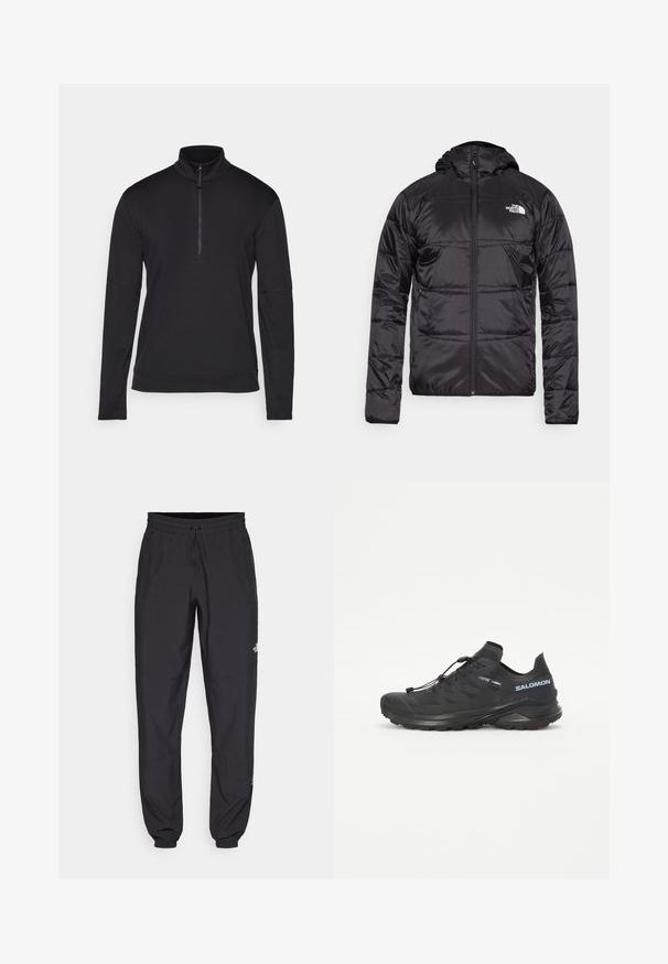Svart dunjakke med hette, quiltet design, glidelås og North Face-logo på venstre bryst. Laget av lett, skinnende materiale.; Svart langermet genser med glidelås i kragen, laget av mykt materiale, med flate sømmer og en avslappet passform for komfort.; Sorte idrettsbukser laget av lett stoff, med snor i livet, sidelommer og smale mansjetter ved anklene.; Svart trail-løpesko med teksturert overdel, elastiske lisser og Contagrip yttersåle. Har en tett passform og beskyttende tåhette.