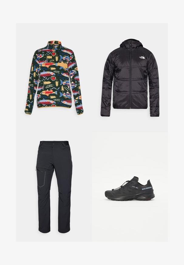 Giubbotto a vento nero con cappuccio, design trapuntato, chiusura con zip e logo The North Face sul lato sinistro del petto. Realizzato in materiale leggero e lucido.; Pullover in felpa a maniche lunghe con motivo di pesci colorati e alghe marine, colletto con bottoni a pressione e pattina della tasca sul petto di colore beige.; Pantaloni neri da esterno con tasca a zip sulla coscia, cintura elastica e tessuto liscio, resistente all'acqua. Design pulito senza loghi visibili.; Scarpa da trail running nera con tomaia strutturata, lacci elastici e suola Contagrip. Offre una vestibilità aderente e una protezione per le dita.