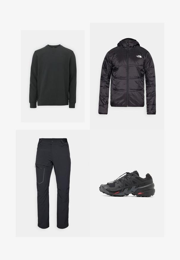 Chaqueta acolchada negra con capucha, diseño acolchado, cierre de cremallera y el logo de The North Face en el lado izquierdo del pecho. Fabricada con material ligero y brillante.; Sudadera negra hecha de una mezcla de algodón, con cuello redondo, mangas largas y un logotipo sutil en el pecho. Textura suave.; Pantalones exteriores negros con un bolsillo en el muslo con cremallera, cintura elástica y tejido liso y resistente al agua. Diseño limpio sin logotipos visibles.; Zapatilla de running negra con parte superior sintética, diseño texturizado y acentos rojos en contraste. Presenta un sistema de cordones seguro y una suela robusta.