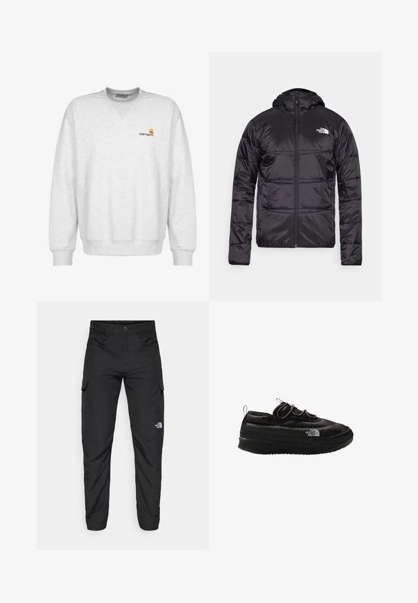 Chaqueta acolchada negra con capucha, diseño acolchado, cierre de cremallera y el logo de The North Face en el lado izquierdo del pecho. Fabricada con material ligero y brillante.; Sudadera de felpa gris con cuello redondo, puños y dobladillo acanalados, que presenta un pequeño logo marrón de Carhartt en el área del pecho izquierdo.; The North Face HORIZON PANT - Pantalones montañeros largos - black; The North Face NSE LOW - Zapatillas - black
