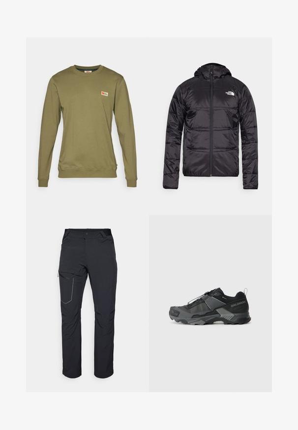 Svart dunjakke med hette, quiltet design, glidelås og North Face-logo på venstre bryst. Laget av lett, skinnende materiale.; Olivenfarget langermet genser laget av myk bomull, med et lite logo-lapp på brystet og ribbestrikkede mansjetter og nederkant.; Svart utendørsbukser med en glidelåslomme på låret, elastisk midje og glatt, vannavstøtende stoff. Renslig design uten synlige logoer.; Svart terrengløpesko med et slitesterkt maskeoberoende, forsterket tåhette, teksturert gummisåle og elastisk lissystem for sikre tilpasning.