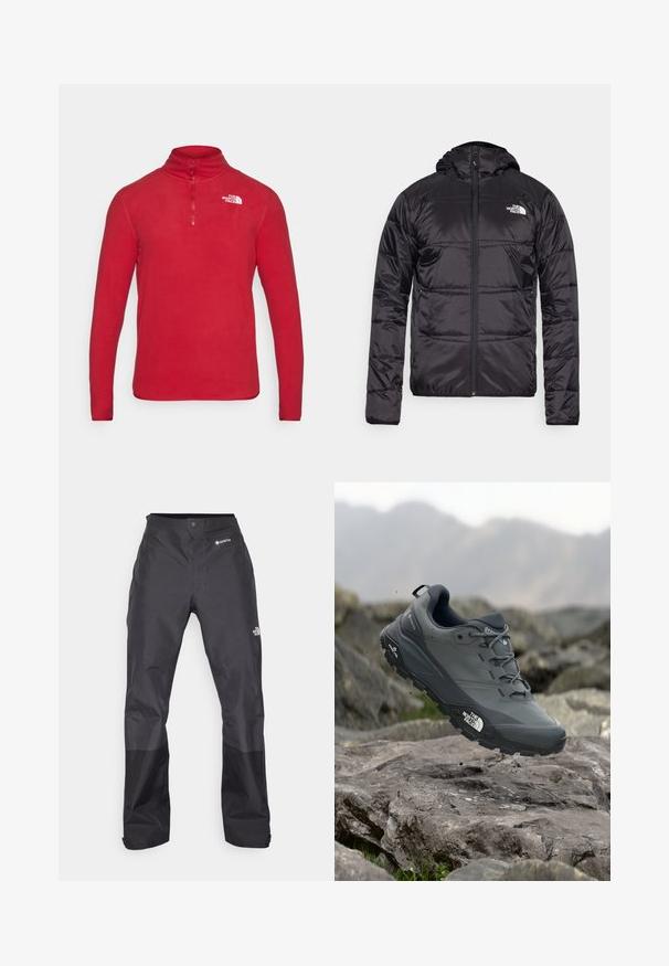 Musta puhvjakas kapuutsiga, tikandeid sisaldava disainiga, lukuga ning vasakul rinnal North Face'i logo. Valmistatud kergest, läikivast materjalist.; The North Face GLACIER 1/4 ZIP - Fliisdžemper - garnet red; Mustad vettpidavad püksid, millel on sile tekstuur, ees GORE-TEX logo ja tugevdatud alumised jalad vastupidavuse tagamiseks.; Hallhalli jooksukingad halli värvi, tekstureeritud ülemise osaga, vastupidava kummist tallaga ja tugevdatud varvaste kattega. Omab paelu ja kaubamärgi logo küljel.