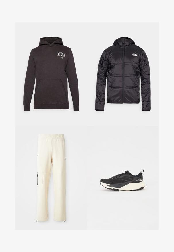 Juodas pūkinis švarkas su gobtuvu, siuvinėta konstrukcija, užtrauktuko uždarymas ir "The North Face" logotipas kairėje krūtinės pusėje. Pagamintas iš lengvos, blizgios medžiagos.; Juodas medvilnės džemperis su priekiniais kišenėmis, raukšlėtomis rankovėmis ir logotipu su užrašu "PUMA sporto klubas" baltu spalva krūtinėje.; Šviesiai smėliniai sportiniai kelnių pagaminti iš minkštos medžiagos. Yra juodas logotipas, šoniniai kišenės su užtrauktukais ir laisvas siluetas.; Juodas sportinis batelis su tekstūruotu tinkleliu, solidžiai juodais akcentais ir lengvu baltu padu. Yra raištelių uždarymas ir trauktukas.