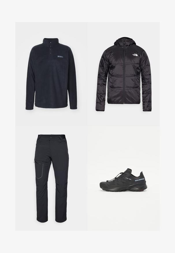 Giubbotto a vento nero con cappuccio, design trapuntato, chiusura con zip e logo The North Face sul lato sinistro del petto. Realizzato in materiale leggero e lucido.; Columbia STEENS MOUNTAIN™ HALF SNAP - Felpa in pile - black; Pantaloni neri da esterno con tasca a zip sulla coscia, cintura elastica e tessuto liscio, resistente all'acqua. Design pulito senza loghi visibili.; Scarpa da trail running nera con tomaia strutturata, lacci elastici e suola Contagrip. Offre una vestibilità aderente e una protezione per le dita.