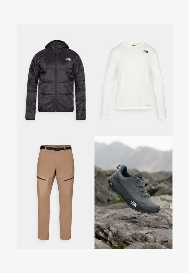 Crna zimska jakna s kapuljačom, kvačena dizajn, zatvaranje na zip, i logo North Face na lijevoj strani prsa. Napravljena od laganog, sjajnog materijala.; Bijela majica dugih rukava s okruglim izrezom, teksturirana tkanina, crni logo na lijevom ramenu i suptilno brendiranje pri dnu.; Bež hlače za planinarenje ravnog kroja, s patentnim zatvaračima na bočnim džepovima, od izdržljive tkanine i s crnim podesivim remenom u struku.; Sive trail trkačka cipela s teksturiranim gornjim dijelom, izdržljivom gumenom potplatom i ojačanim vrhom. Ima vezice i logotip branda sa strane.