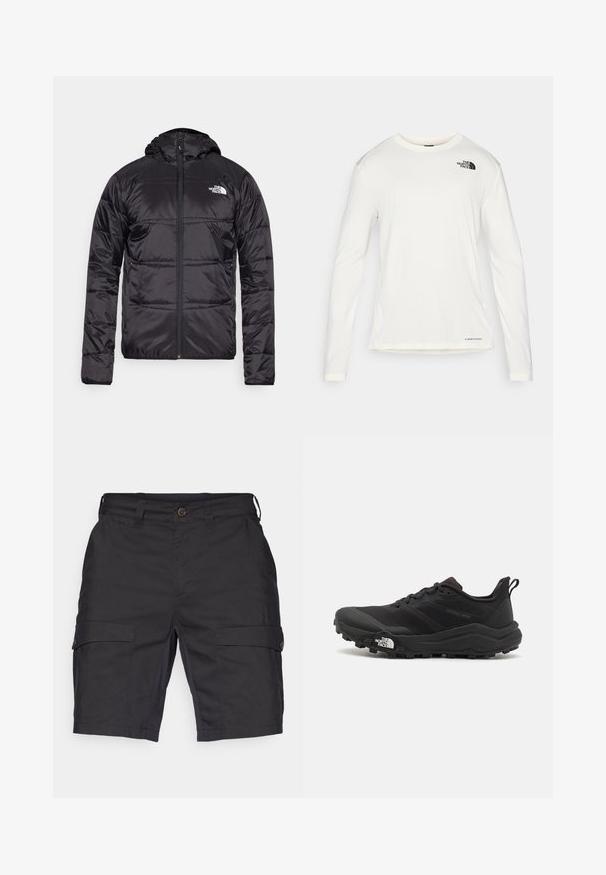 Črna puff jakna s kapuco, prešita zasnova, zadrga in logotip The North Face na levem prsnem delu. Narejena iz lahkega, sijočega materiala.; Bela srajca z dolgimi rokavi in okroglim ovratnikom, strukturirana tkanina, črn logo na levem ramenu in diskretno znamčenje na dnu.; Temno sivi cargo šorti iz lahkega materiala, z dvema stranskima žepoma z gumbom in ravnim krojem.; Črne tekaške čevlje za trail s teksturirano zgornjega dela, gumijastim podplatom in ojačanim zaključkom prstov. Vključuje oblazinjen ovratnik in zanko za enostavno obuvanje.