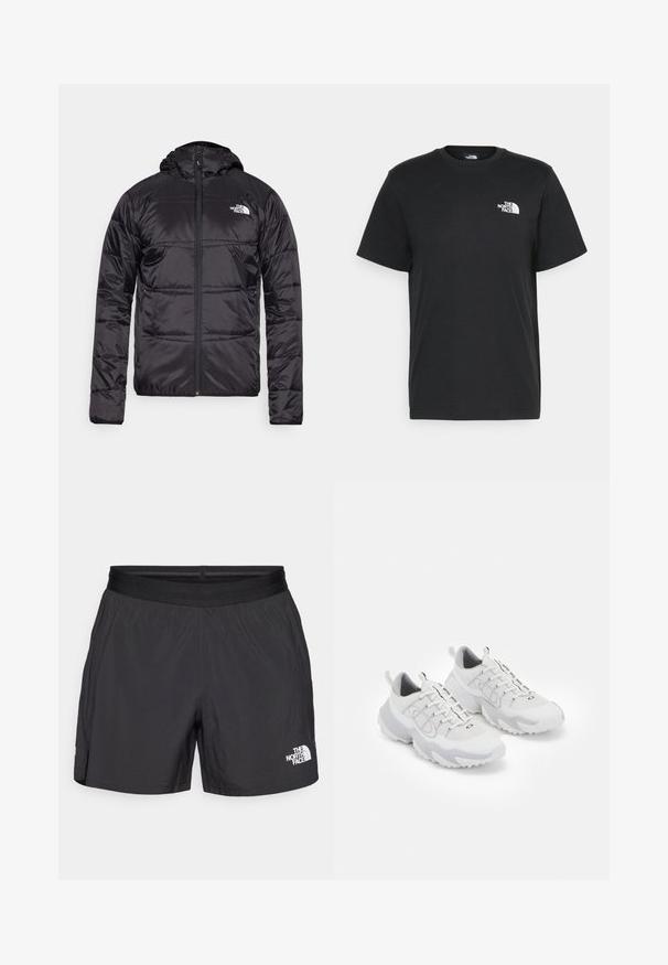 Melnā pūkšķu jaka ar kapuci, ar izšūtu dizainu, ar rāvējslēdzēja aizdari un North Face logotipu uz kreisā krūškurvja. Izgatavota no viegla, spīdīga materiāla.; Melna kokvilnas T-krekls ar īsām piedurknēm, apaļu kakla izgriezumu un mazu balto logotipu kreisajā krūtīs. Vienkāršs dizains, gluda tekstūra un brīvs piegriezums.; Melnas šortus, kas izgatavoti no viegla auduma, iezīmē elastīga josta un neliels balts logo apakšējā labajā stūrī.; Baltas sporta apģērbs ar sietu augšdaļu, pelēkiem akcentiem, teksturētu gumijas zoli un vilkšanas cilpiņām uz papēža; iekļauj necaurlaidīgu dizainu.