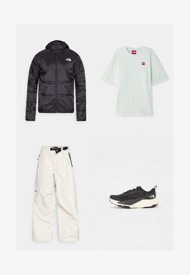 Μαύρο φουσκωτό μπουφάν με κουκούλα, με καπιτονέ σχέδιο, κλείσιμο με φερμουάρ και το λογότυπο της North Face στο αριστερό στήθος. Κατασκευασμένο από ελαφρύ, γυαλιστερό υλικό.; Ανοιχτό πράσινο κοντομάνικο μπλουζάκι φτιαγμένο από μαλακό βαμβάκι, με μικρή κόκκινη ετικέτα λογότυπου στην αριστερή πλευρά του στήθους. Άνετη εφαρμογή και στρογγυλή λαιμόκοψη.; Λευκά cargo παντελόνια κατασκευασμένα από ύφασμα ανθεκτικό στο νερό, με ζωνάκι στη μέση, πλαϊνές τσέπες με φερμουάρ και φαρδιά, χαλαρή γραμμή.; Μαύρο αθλητικό παπούτσι με υφαντό πλέγμα, συμπαγείς μαύρες λεπτομέρειες και ελαφρύ λευκό εξωτερικό πέλμα. Περιλαμβάνει κλείσιμο με κορδόνια και λαβή.