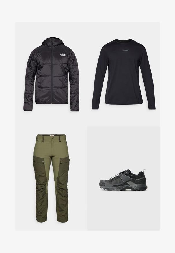 Melnā pūkšķu jaka ar kapuci, ar izšūtu dizainu, ar rāvējslēdzēja aizdari un North Face logotipu uz kreisā krūškurvja. Izgatavota no viegla, spīdīga materiāla.; Melns garām piedurknēm T-krekls ar apaļu kakla izgriezumu, izgatavots no gludas auduma. Tam ir diskrētas šuves un mazs logotips uz krūtīm.; Fjällräven KEB TROUSERS M - Āra bikses - deep forest/laurel green; Melnas taku skriešanas kurpes ar izturīgu sieta augšdaļu, pastiprinātu purngala daļu, teksturētu gumijas zoli un elastīgu šņorēšanas sistēmu drošai piegulšanai.
