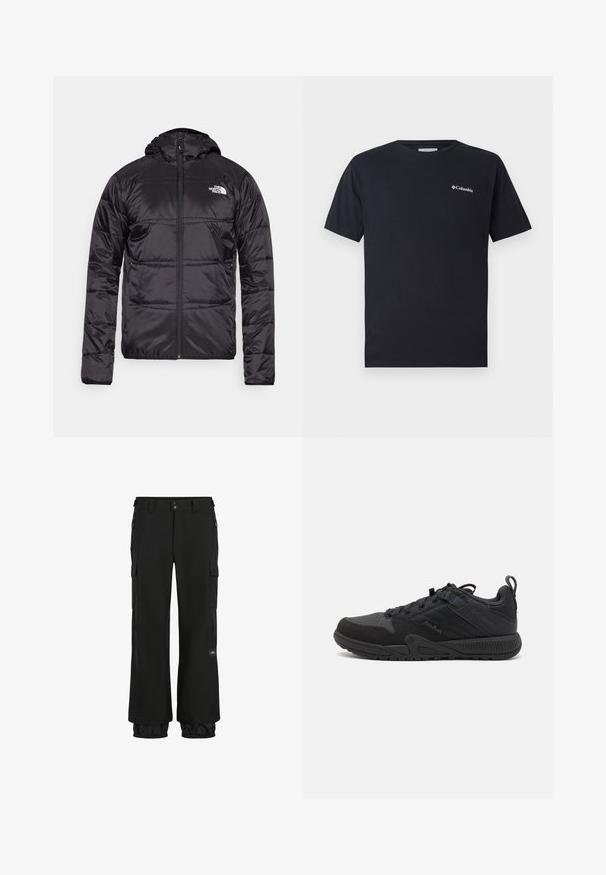 Black puffer jacket with a hood, quilted design, zipper closure, and the North Face logo on the left chest. Made from lightweight, shiny material.; Black short-sleeve t-shirt made of cotton, featuring a small white Columbia logo on the left chest area. Classic crew neckline and relaxed fit.; Black cargo pants with a loose fit, made of durable fabric. Features include zippered pockets, elastic cuffs, and a logo patch.; Black athletic shoe with a mesh and suede upper, featuring reinforced areas, rounded toe, textured sole, and a pull tab at the heel.